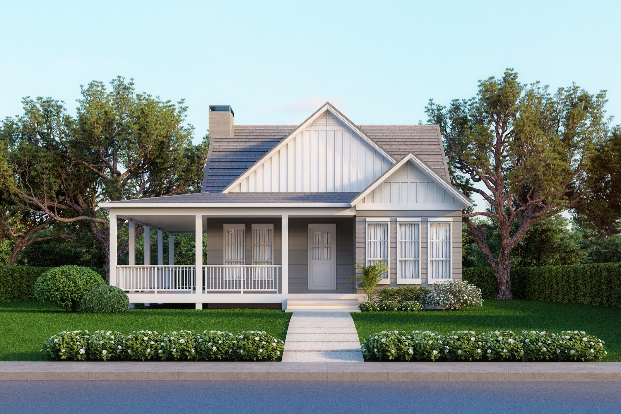 Modern style cottage tiny house on green lawn 3d render There is a road in front surrounded by nature.